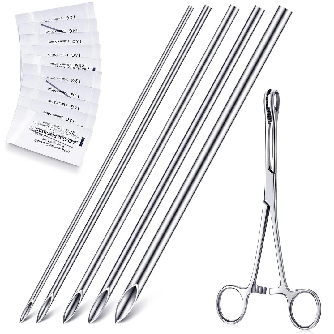 Chumia Piercing Kit 100 Pcs Piercing Needle with 1 Pcs Clamps Stainless Forceps Clamp Hollow Needle Mixed Sizes 12g 14g 16g 18g 20g for Ear Nipple Belly Tongue Body Tools