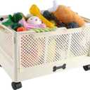 Collapsible Dog Basket,Outdoor Dog Toy Bin with Handles,Dog Stuff Organizer with Wheels,Pet Storage Bin for Dog Toys/Snack/Blanket/Camping Essentails-Easy Assemble-15''X10''X7.5''-Beige