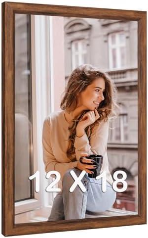 12x18 Wood Frame Brown, Rustic Natural Wooden 18x12in Poster Picture Frame, Distressed 12 x 18inch Woodgrain Gallery Photo Frame with HD Plexiglass, Horizontal Vertical Wall Mounting Display 1pcs