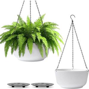 T4U 10 Inch Hanging Planters for Indoor Plants, 2 Pack White Self Watering Hanging Plant Pot, Hanging Pots Set with Drainage Hole & Plug & Chain with 3 Hooks for Garden Home Decor