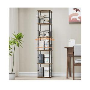 5 Tier Square Rotating Bookshelf, 360 ° Display Stackable Spinning Bookshelf Tower, Space Saving Tall Floor Standing Swivel Bookcase Corner Storage Organizer for Living Room, Rustic Brown, Small Size
