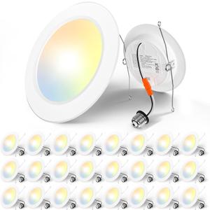 Amico Recessed Lighting 5/6 Inch, 24 Pack 5CCT Flat LED Can Lights, 2700K/3000K/4000K/5000K/6000K Selectable,12W Eqv 120W, 1050LM Brightness, Retrofit Installation - ETL & FCC