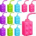 Mumufy 12 Sets Building Blocks Cups with Straw and Lids, 10 oz Reusable Kids Cup Brick Party Plastic Cups for Block Birthday Party Supplies Favors