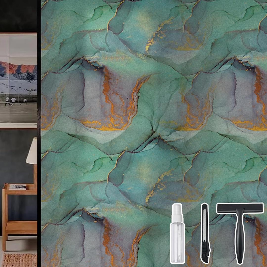 DKTIE Marble Texture Privacy Window Film with Installation Tools, Static Cling No Glue Window Marble Stained Glass Window Film Coverings Glass Sticker for Home for Bathroom Living Room Glass Film