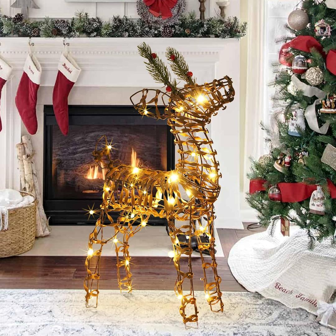 LightsUp Christmas Reindeer, 24" H Rattan Outdoor Decor, 40 Warm White LEDs, Battery Powered, Timer for Xmas Holiday Display