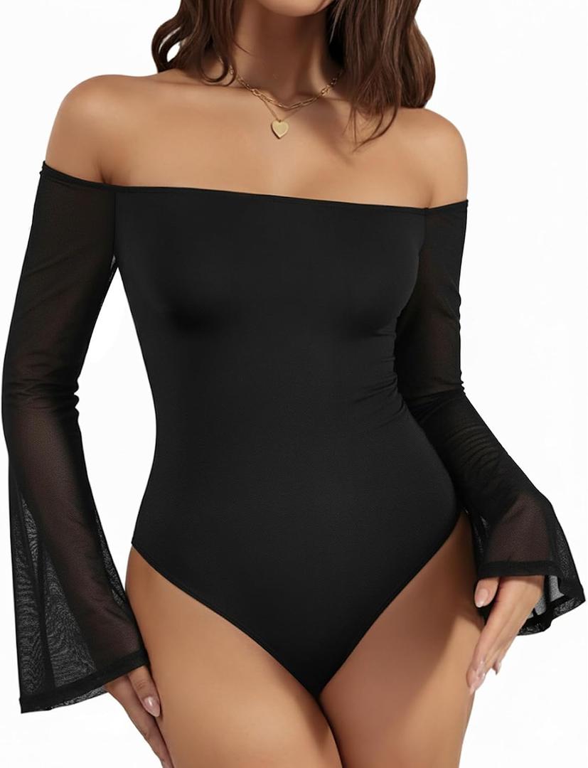 MANGOPOP Womens Off The Shoulder Bodysuit Mesh Bell Sleeve Body Suit Sexy Going out Fall Backless Tops 2025 (Black, M)
