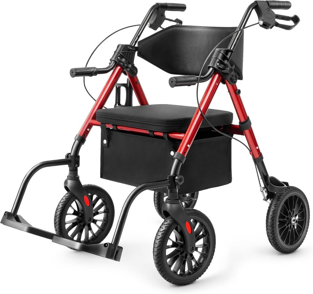 2 in 1 Rollator Walker for Seniors with Seat, Walker Wheelchair Combo, Transport-Wheelchair-Lightweight-Foldable with Adjustable Seat and Handle, 300 Lb. Weight Capacity, Red