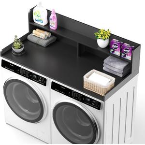 Washer Dryer Countertop with Non-Slip Pads, 2.75" H Guard, 54" W x 27.5" D Wood Laundry Countertop Cover, Large Space Washer Dryer Topper for Laundry Room Organization(Black)