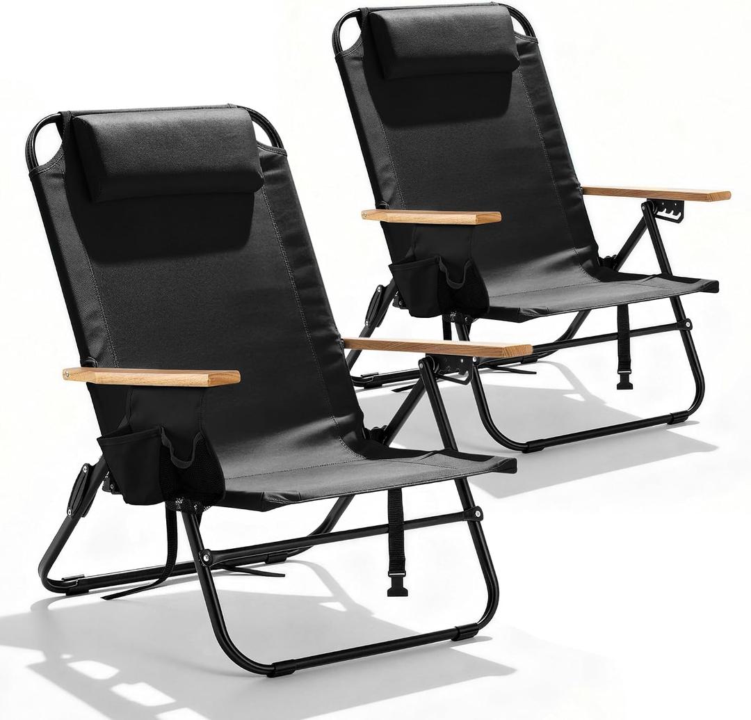 2 Pack Premium 5-Position Reclining Camping Chair - Portable Folding Lightweight Outdoor Chair with Wooden Armrests, Headrest & Pockets, 350lbs Heavy Duty for Beach, Patio, Backyard, Black