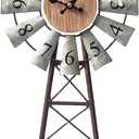 Rustic Windmill Table Clock for Living Room Decor, Vintage Galvanized Metal & Wood Desk Clock with Silent Quartz Movement, Farmhouse Windmill Decor for Living Room, Mantel, Shelf & Office