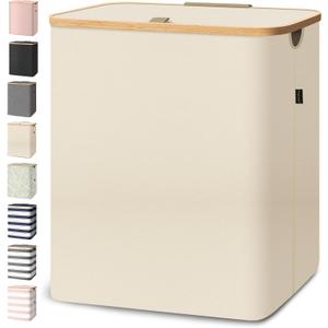 BALEINE Laundry Hamper with Lid, Tall Laundry Baskets with Bamboo Pull Handles, Large Laundry Bin with Internal Support (36 Gal/140L, Beige), 140 Liters