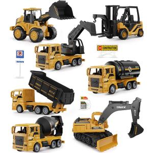 Geyiie Large Construction Trucks Toy Set, Construction Vehicles for Kids, 7 PCS Pull Back Engineering Cars with Excavator, Bulldozer, Dump, Cement Mixer, STEM Sand Toys Gifts for Boys Girls