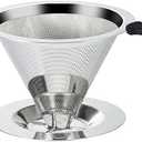 Pour Over Coffee Dripper Slow Drip Paperless Coffee Filter, Double Mesh Stainless Steel Pour Over Coffee Maker for Single Cup Brew Cone Filter, Integrated Cone Coffee Drip Fine Mesh Strainer(3-4 Cup)