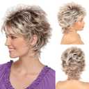 LEOSA Short Ombre Blonde Wig with Bangs for White Women Highlight Brown Pixie Cut Wig Synthetic Wavy Curly Light Blonde Mixed Brown Layered Natural Hair Fluffy Heat Resistant