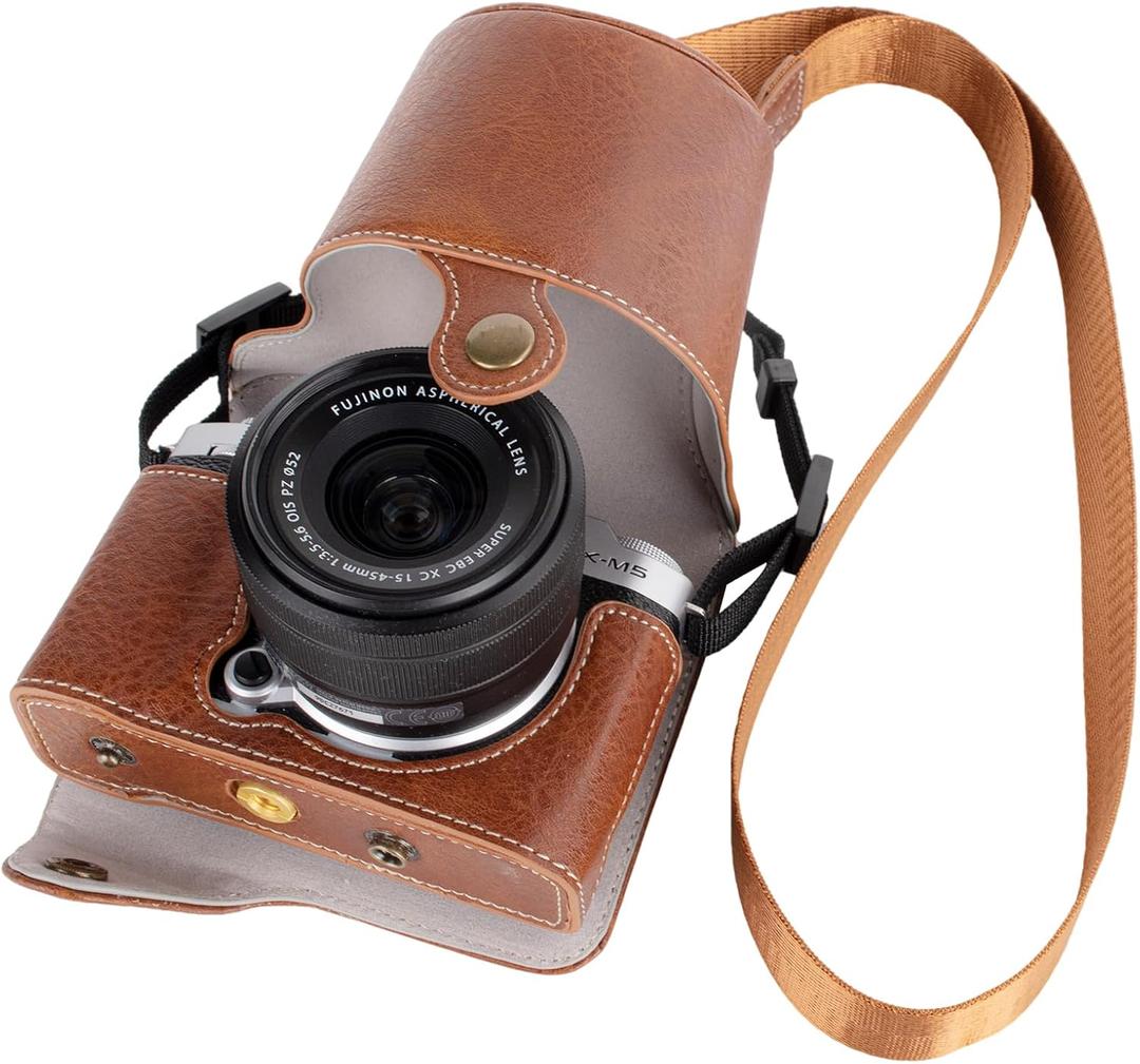 VOVMOEYA Protective Camera Case for Fujifilm XM5 Mirrorless Camera,Fuji X-M5 Camera Case Fuji XM5 Half Case With Front Cover With Shoulder Strap Full Protection Snap Button-COFFEE