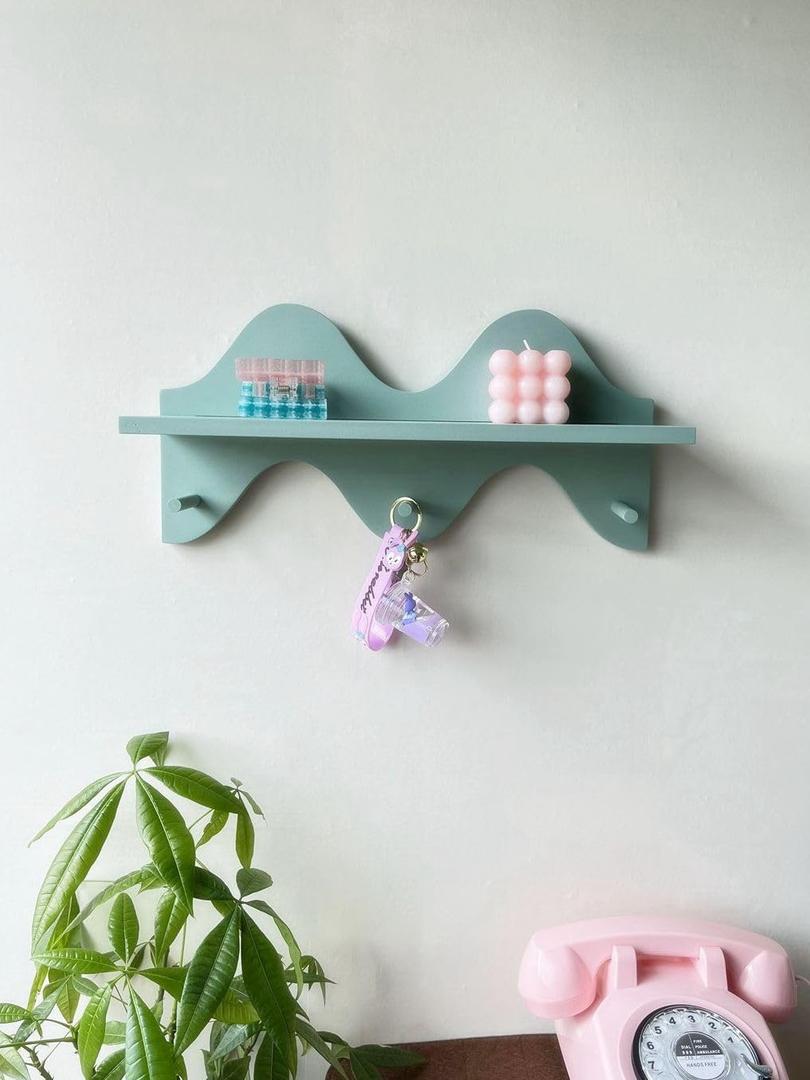 Floating Shelves for Wall Shelf with Hooks Key Holder Purse Rack Hanger Wood Small Cute Shelf for Bathroom Bedroom Game Room (Sage Green)