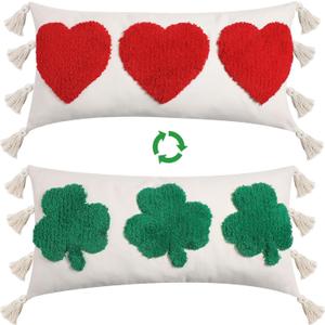 Mixweer St. Patrick's Day Throw Pillow Covers with Tassels 26x14 Inch Double Sided Pattern Hearts Shamrock Decorative Accent Pillow Covers Decor for Holiday Valentines Party Sofa Bed Cushion