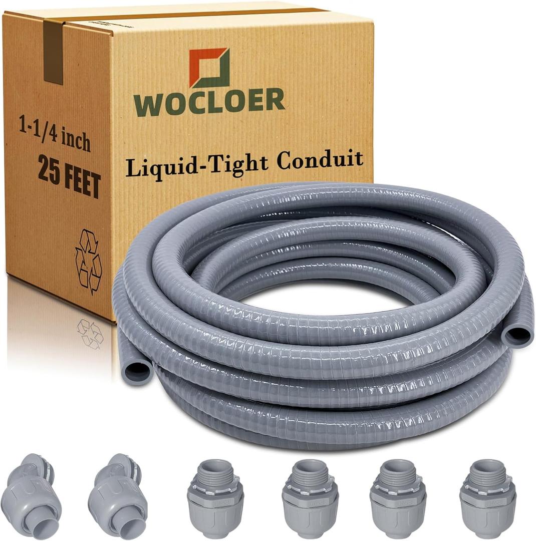 Liquid-Tight Conduit, 1-1/4 inch 25 Foot Flexible Non Metallic Electrical Conduit and Connector Kit,With 4 Straight and 2 Angle Fittings