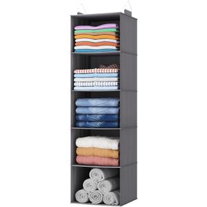 Lifewit 5 Tier Hanging Closet Organizer and Storage for Shelves, Foldable Clothes Shelf with 2 Sturdy Hooks, Sweater/Coat/Shoes Clothing Organization for Wardrobe, Dorm, Bedroom, Gray