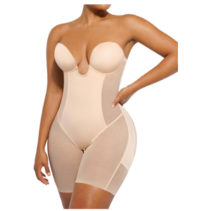 SHAPELLX Strapless Shapewear for Women Deep Plunge Corset Tummy Control Backless Bodysuit Mid Thigh Full Body Shaper,XXL
