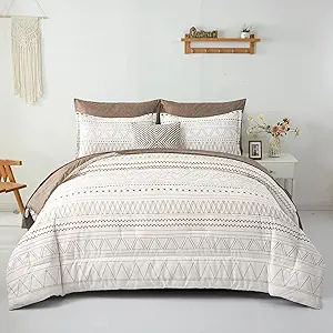 WONGS BEDDING 7 Pieces Brown Comforter Set King Size,Boho Bed in a Bag Geometric Stripe Comforter Reversible Soft Microfiber Bedding Set with Pillowcases & Shams,Flat Sheet,Fitted Sheet