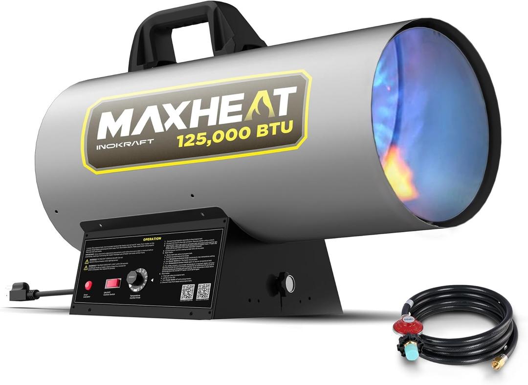 InoKraft Maxheat MH125 125,000 BTU Forced Air Propane Heater, Auto 25-95F On/OFF Control, Portable Garage/Shop Heater for Garages, Job Sites - 10ft Hose