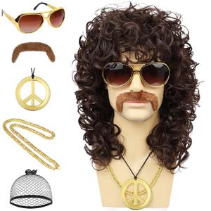 70s Mens Brown Wig + Glasses + Golden Chain + Peace Sign Necklace + Mustache + Wig Cap Long Curly Funny Synthetic Wigs for Retro Outfit Men Party Hippies Rocker Costume Cosplay Halloween, 6pcs Set
