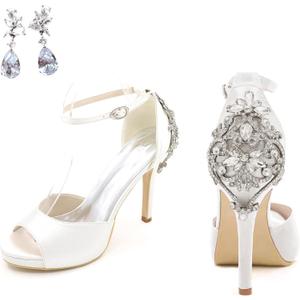 Lady Satin Dress Platform High Heels Wedding Sandals Crystal Back with Free Earrings, Size 38.5