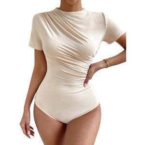 Milumia Women's Casual Ruched Mock Neck T Shirt Short Sleeve Tee Bodysuit Jumpsuit (Medium, Beige)