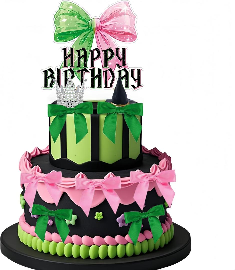 Witch Cake Topper Green Pink Bow Cake Topper Crown Cupcake Topper (Black)