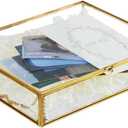 HighFree Gold Glass Photo Box - Vintage Photo Storage Organizer - Keepsake Display Box - Clear Jewelry Glass Box - Home Decor Box for Trinket Rings Bracelet (Large)