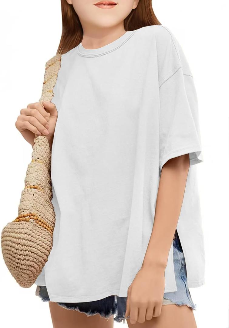 CharmWM Girls Fashion T Shirts Raw Hem Oversized Summer T Shirt Short Sleeve Tops Tees Shirt 5-14 Years (White)