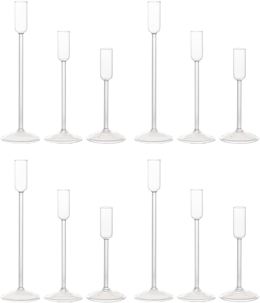 Candle Holder, Glass Taper Candle Tall Candlestick Holder, 3 Different Heights, for Table Centerpiece, Wedding, Party, Clear, 12pcs