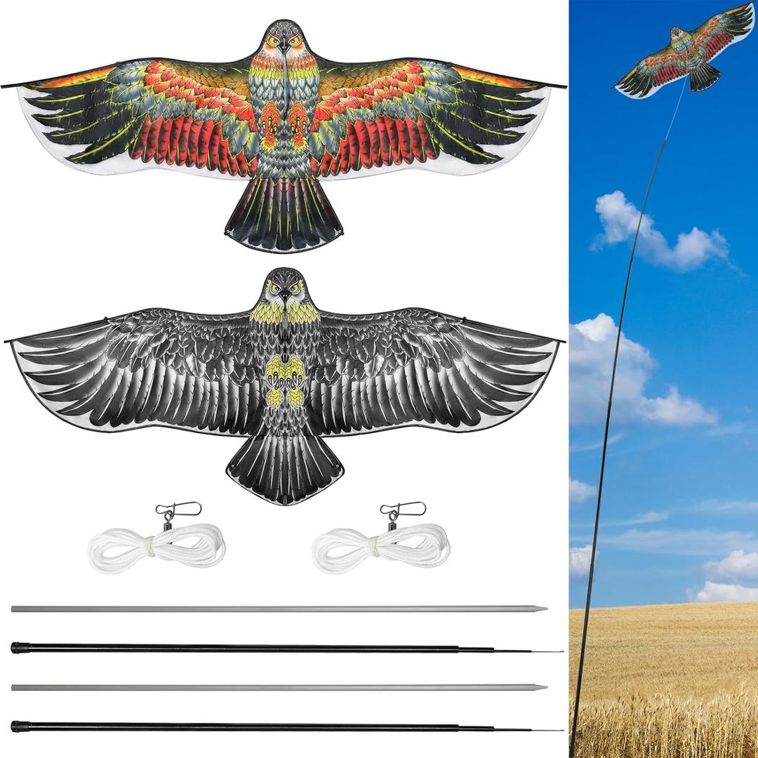 Bird Scaring Eagle Flying Kite Bird Scarer Flying Kite Crops Farm Protector Simulated Eagle Scare Device with 12.63 ft Pole for Outdoor Home Yard(Beige Gold, Beige Gray,2 Sets)