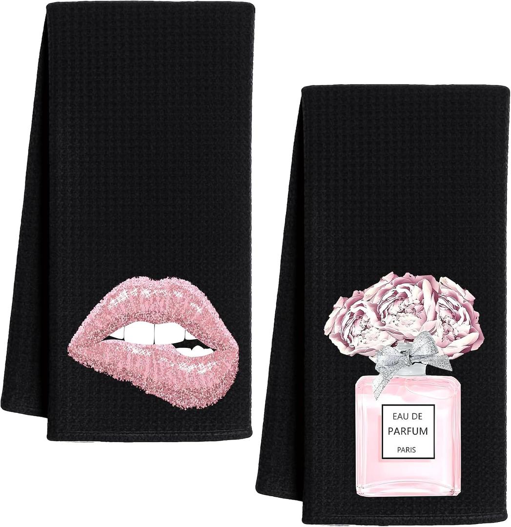 Pink and Black Bathroom Decor, Trendy Girly Aesthetic Hand Towels for Girls Bathroom Dorm Spa Decor, Black and Pink Bath Room Kitchen Tea Hand Towels, 16x24 Inch Set of 2