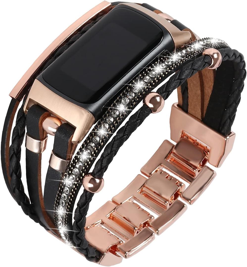 Leather Bands Compatible with Fitbit Charge 6/Charge 5 Bands for Women, Boho Handmade Multilayer Wrap Bracelets Jewelry Strap Replacement for Charge 6/Charge 5 Fitness Tracker (Black/Rose Gold)