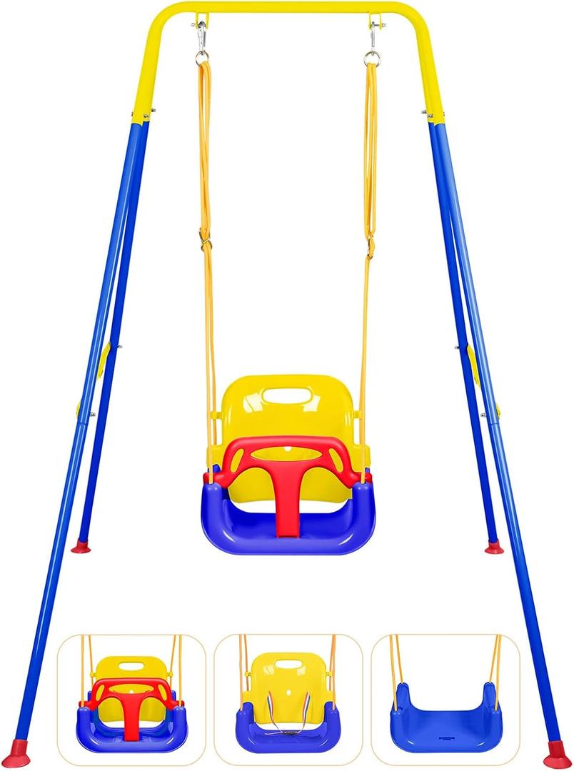 3-in-1 Toddler Swing Set, Indoor & Outdoor Baby Swing Heavy Duty Swing Set with Foldable Metal Stand for Aged 6 Months to 10 Years Old, Easy to Assemble and Store(Blue)
