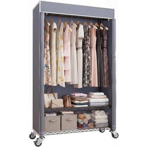 Higeego H4 Heavy Duty Clothes Rack with Cover, Rolling Garment Rack on Wheels, Portable Closet for Hanging Clothes, Black Clothing Rack with Grey Cover, Max Load 380LBS