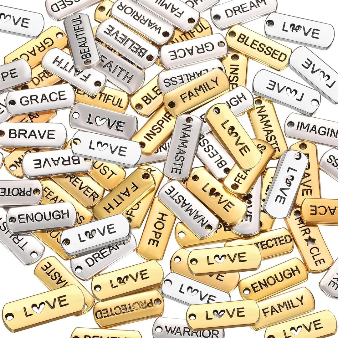 Hicarer 80 Pcs Word Charms Pendants Engraved Motivational Charms Pendants Jewelry Making Accessories for DIY Necklaces, Bracelets, Key Chains (Gold,Silver)