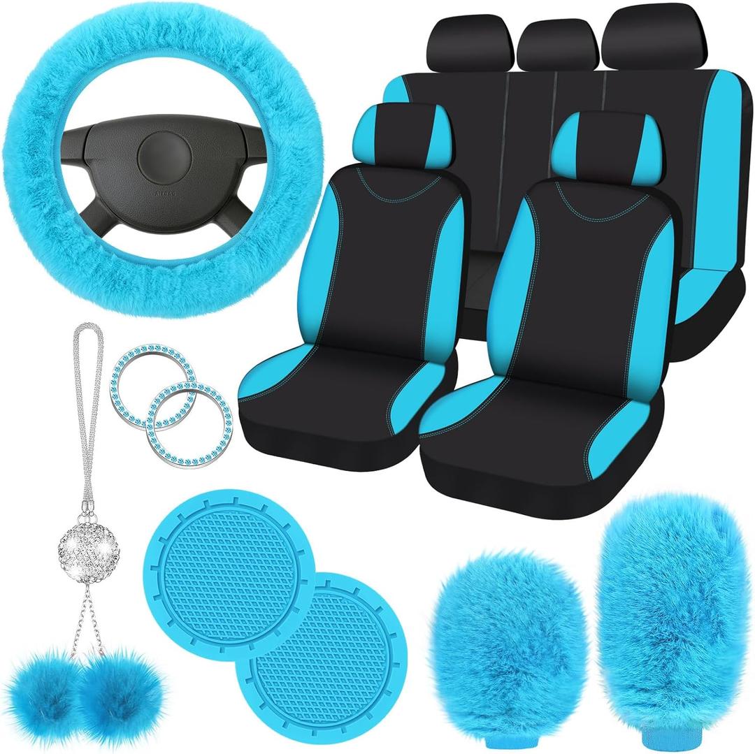 Fulmoon 17 Pcs Car Seat Cover Full Set for Women Fluffy Fuzzy Car Accessories Christmas Front Rear Steering Wheel Fleece Handbrake Shift Covers Hanging Accessory Holder Ring Emblem (Turquoise Black)