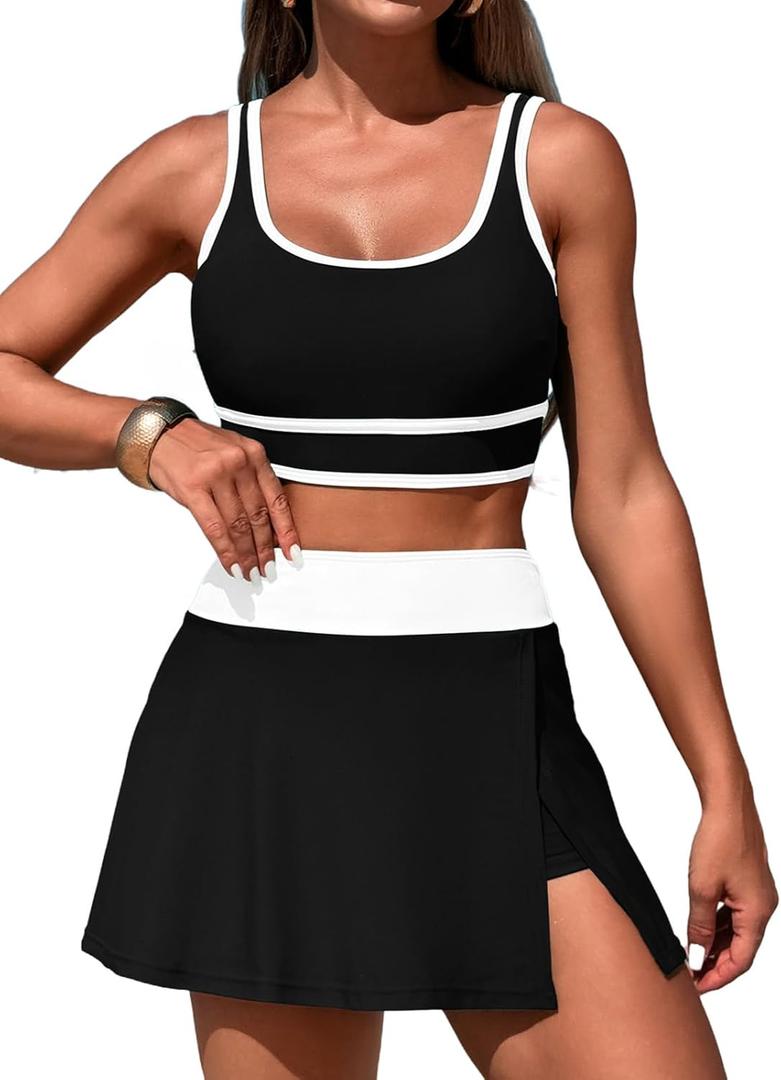 Women's High Waisted Bikini Sets Tummy Control Swim Skirt Two Piece Swim Suit Tummy Control Color Block Bathing Suit (Medium, Black)