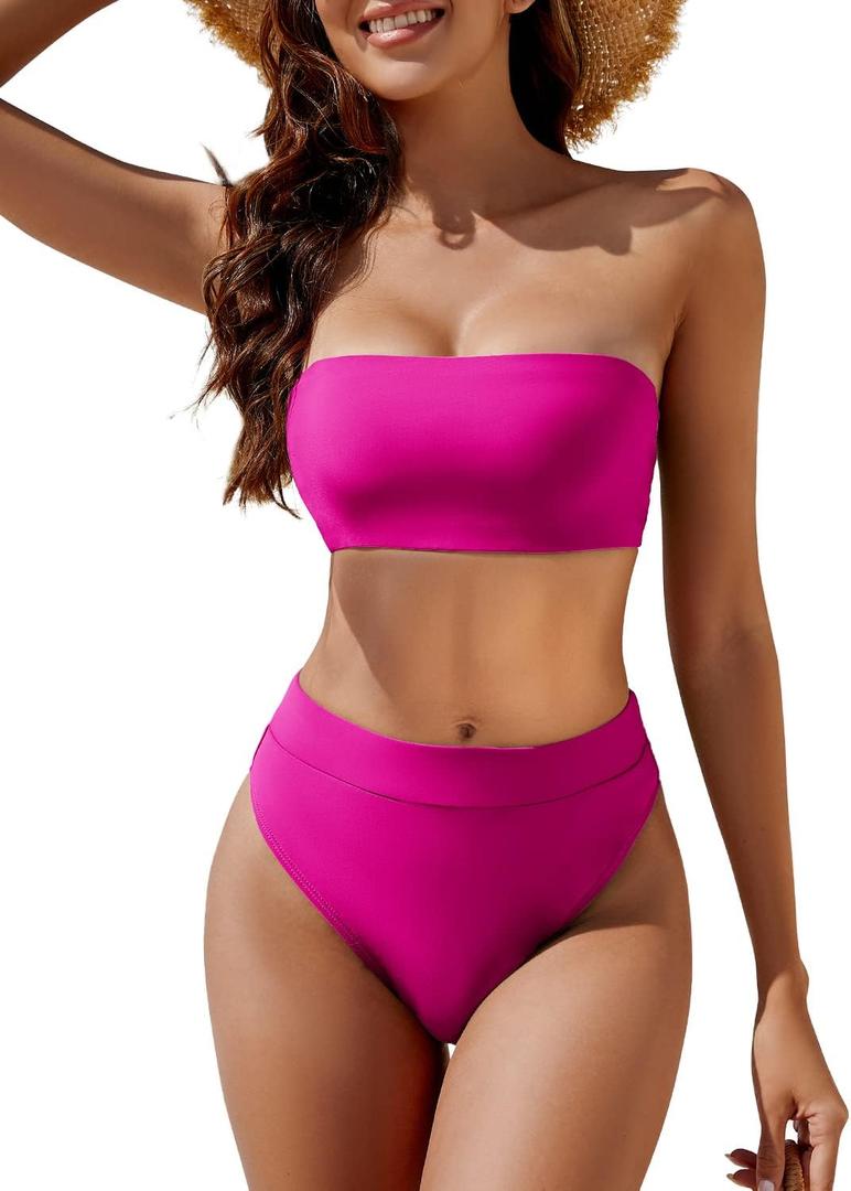 YACUN Women's High Waisted Bikini Swimsuit Two Piece Strapless Bandeau Cheeky Bathing Suits (Small, Rose Pink)