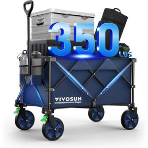 VIVOSUN Collapsible Folding Wagon, 350 lb Load-Bearing Outdoor Utility Cart with Silent Universal Wheels, Cup Holders &Side Pockets, Adjustable Handle, for Camping, Garden, Sports, Picnic, Shopping, (Blue)