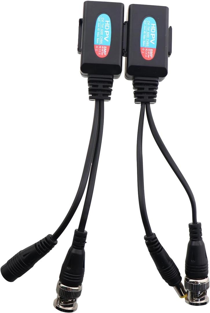 2PCS BNC DC 2 in 1 Transmitter 8MP Coaxial Twisted Pair Transmitter BNC Connector to Network Cable Feeder 17cm/6.7inch for Video Equipment Cameras Monitors Transceiver with Power Connector