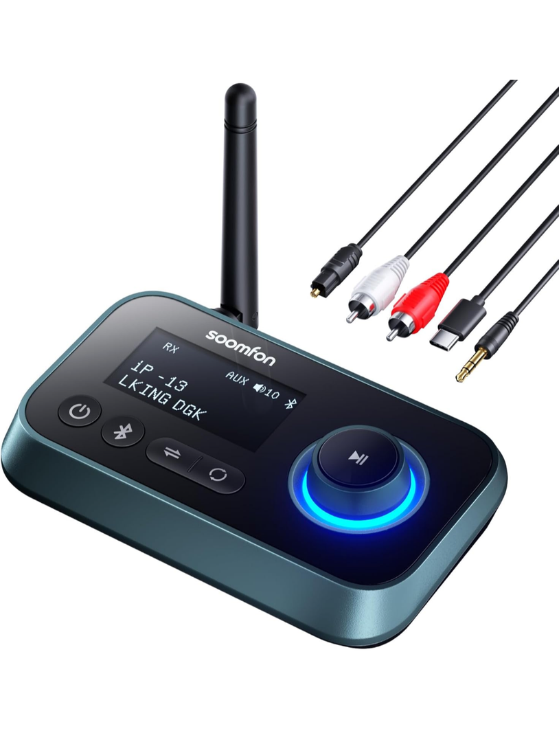 SOOMFON Bluetooth Transmitter for TV 3-in-1 Bluetooth 5.0 Transmitter Receiver for TV to 2 Headphones with LCD Display Adjustable Volume, Optical AUX RCA Bypass for Home Stereo Speaker