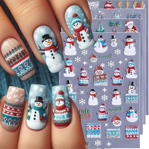 Christmas Nail Stickers 5D Embossed Blue Snowman Xmas Tree Nail Decals DIY Self Adhesive Deer Snow House Design 4Pcs Nail Decoration Cute Nail Art Stickers Holiday Manicure Accessories for Women