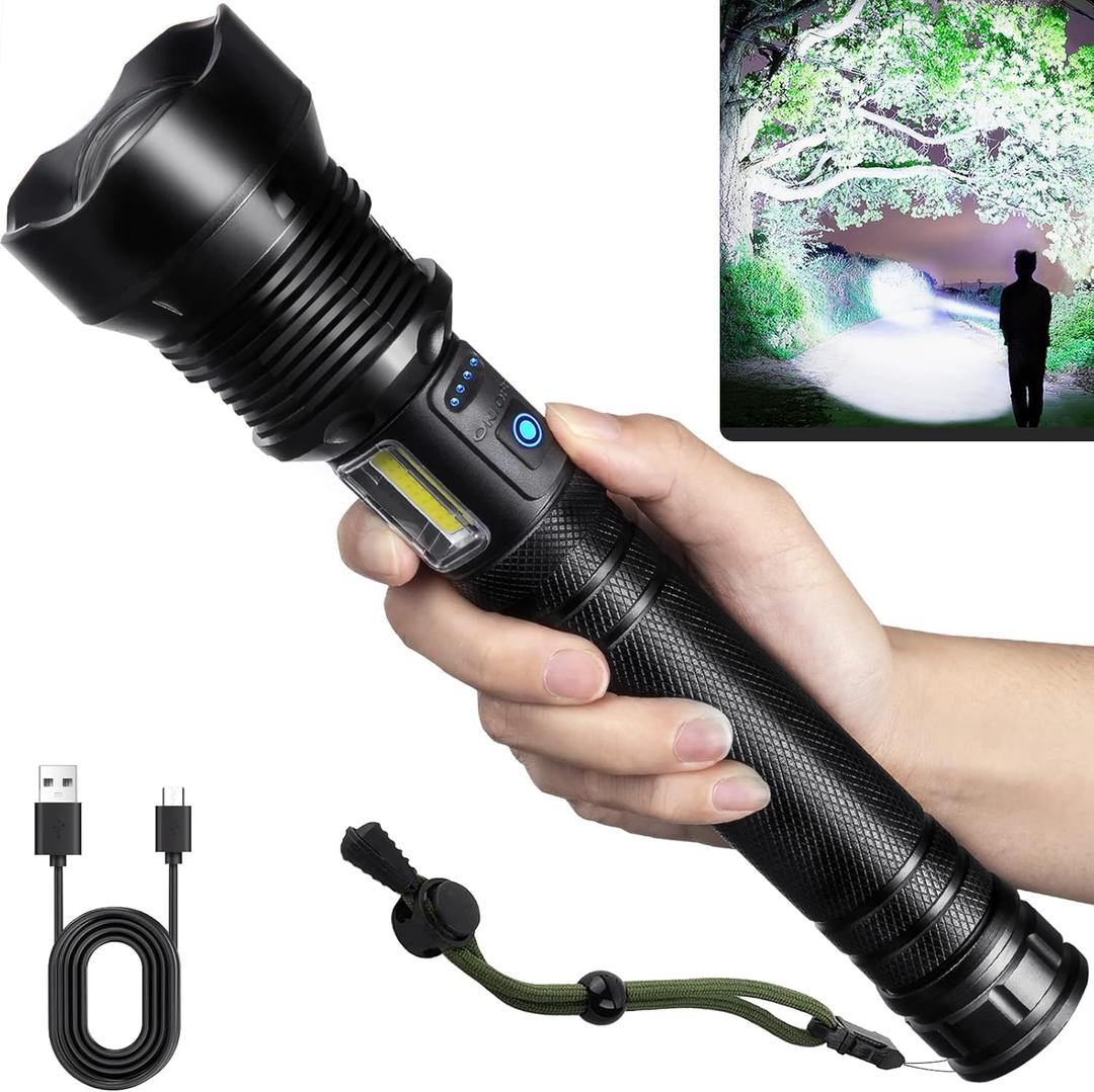 Flashlights High Lumens Rechargeable, Super Bright 3000 Lumens Flashlights with USB Cable, Brightest LED Flashlight for Emergencies, High Powered Flash Light IPX6 Waterproof 7 Light Modes Zoomable