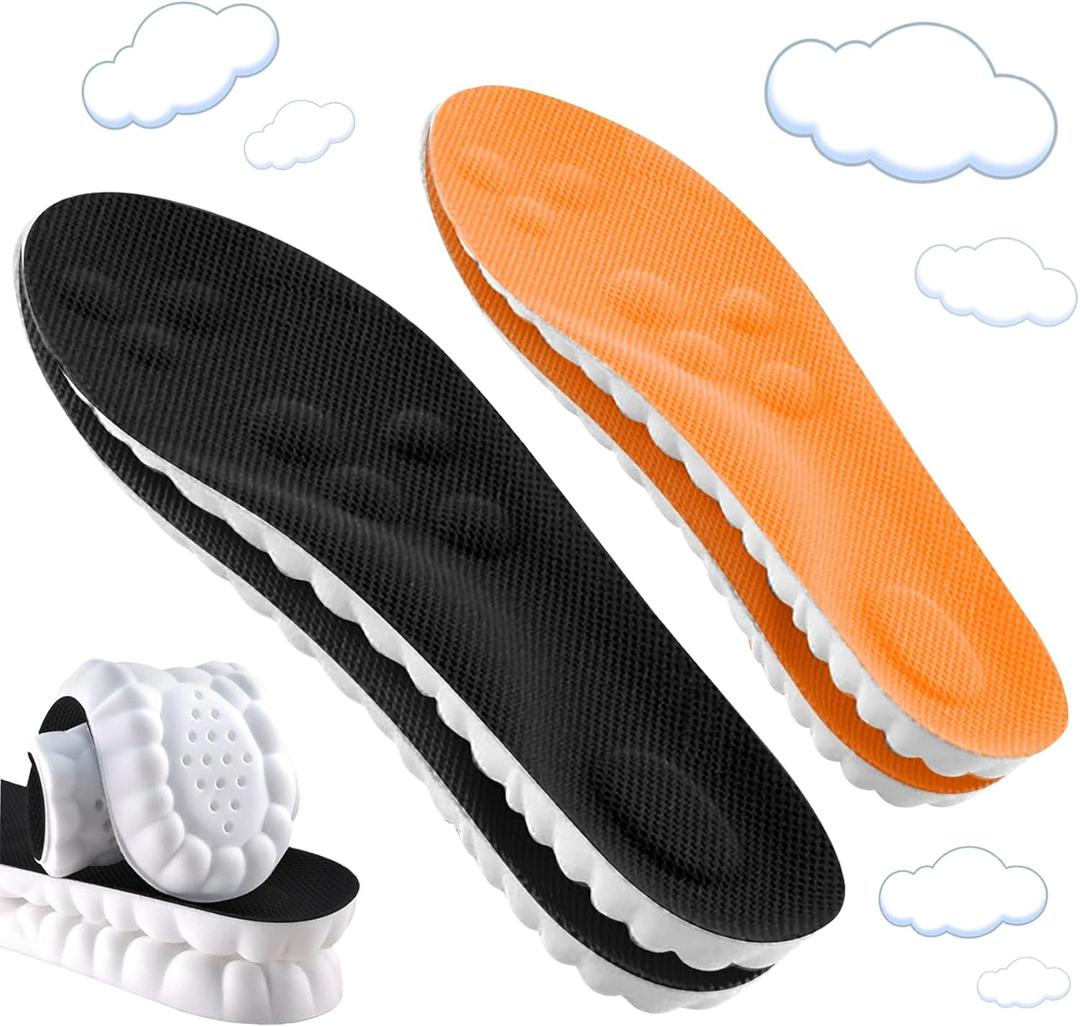 2 Pair Memory Foam 4D Cloud-Like Comfort Insoles for Men Women -Soft Cushioning Trimmable Insole with Arch Support for Foot Pain Relief and Comfort Massage Fatigue Reduction Black Orange 25.5CM