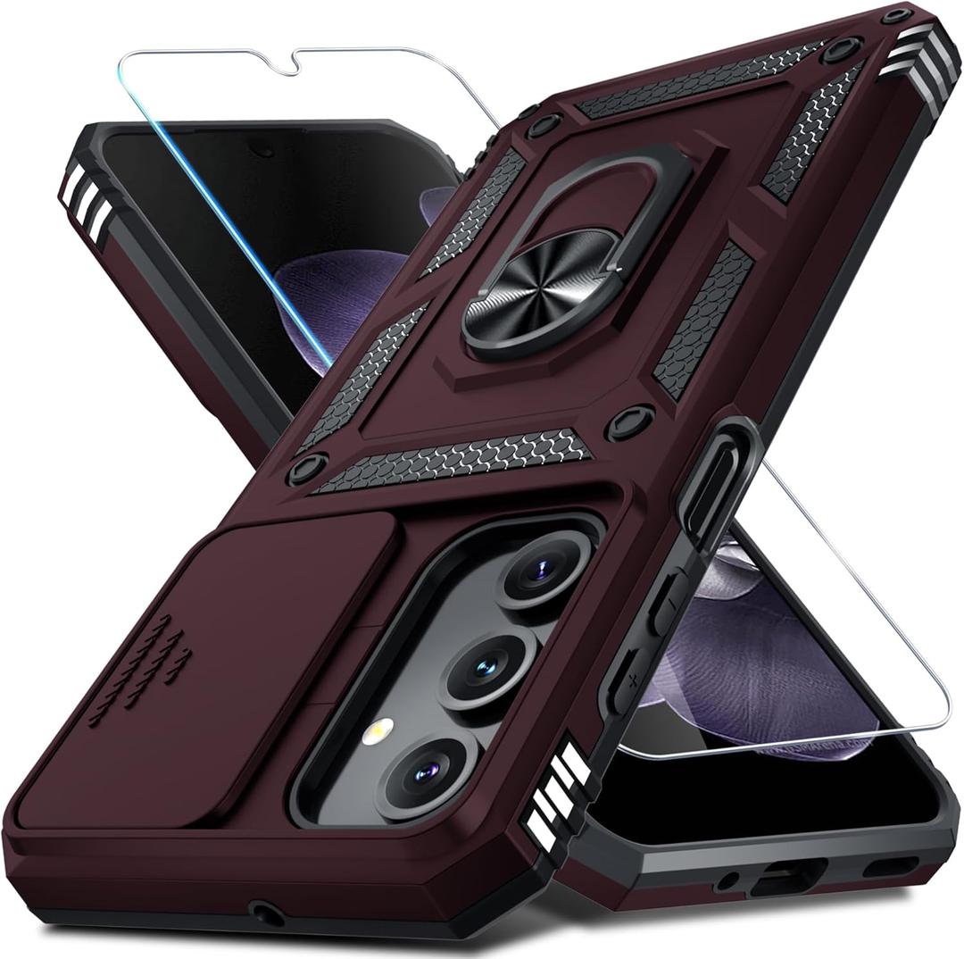 Janmitta Compatible with Samsung Galaxy A16 5G/4G Case Built in Slide Camera Lens Cover+Screen Protector+Finger Ring Holder Kickstand,Heavy Duty Shockproof Full Body Phone Cover,2025 Red