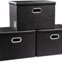PRANDOM Large Foldable Storage Bins with Lids [3-Pack] Leather Fabric Collapsible Storage Boxes Organizer Containers Baskets Cube with Cover for Home Bedroom Closet Office Black(17.7x11.8x11.8)